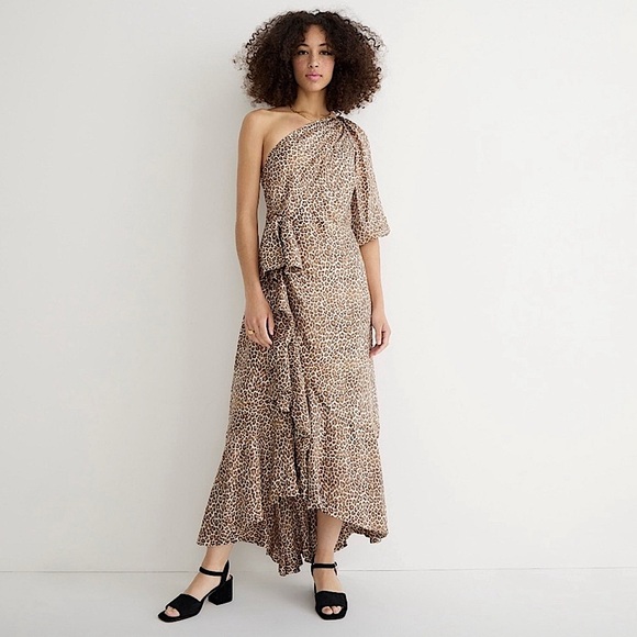 J. Crew Collection One Shoulder Leopard Print Maxi Dress Gown Ruffle Hem Size 10 - Picture 1 of 11